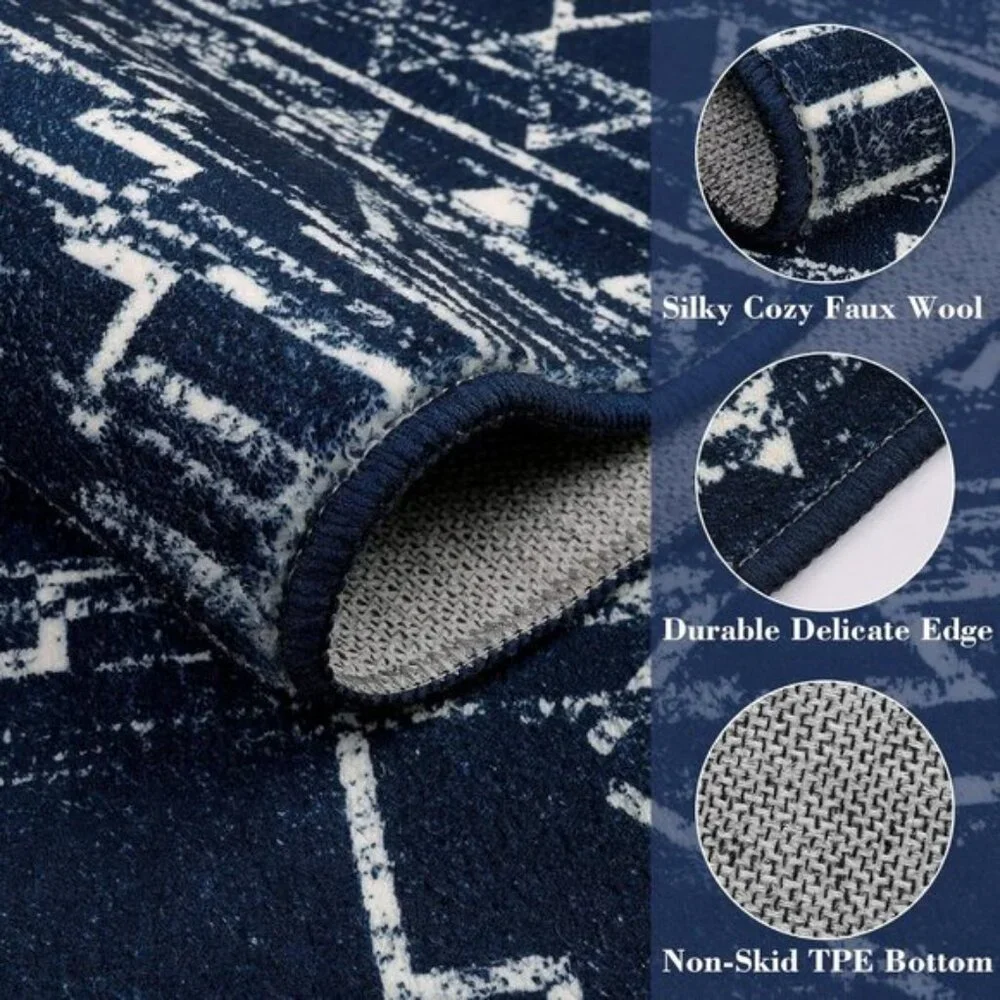 New 3x5 Blue Moroccan Rug, Washable Non-Slip Geometric Carpet for Entry & Home